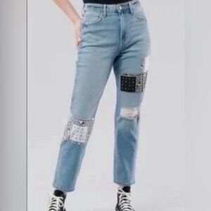 Hollister Light Blue Mom Jeans with Black & White Patchwork